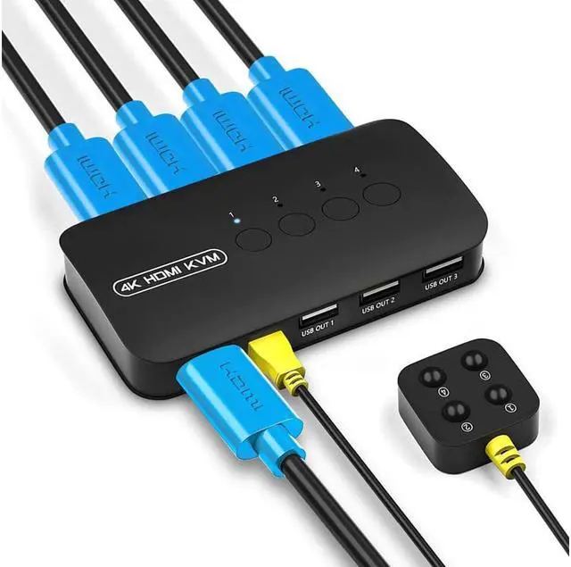 4 Ports HDMI KVM Switch HDMI USB Selector for 4 Computers Share Keyboard Mouse Printer and One HD 4K 30Hz Monitor Including 4 KVM Cables