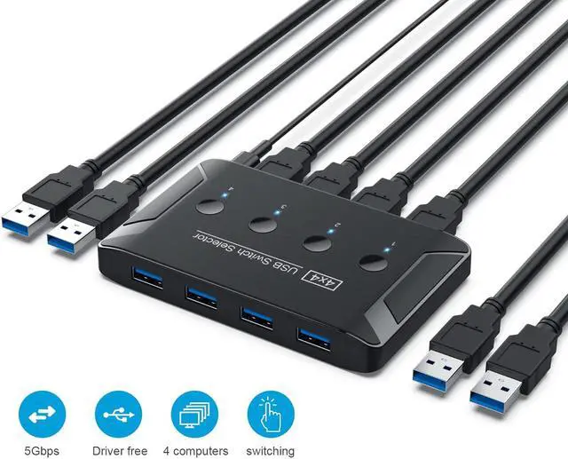 4 Ports USB 3.0 Switch 4 in 4 Out Premium USB Switcher Computers Sharing 4 USB Devices for Keyboard Mouse Printer Scanner Peripheral Switcher Box Compatible with Mac/Windows/Linux