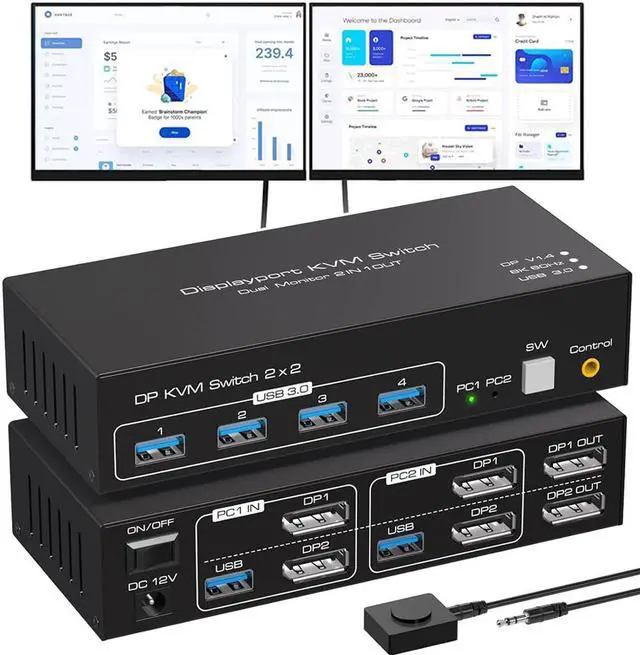 4K 120Hz DisplayPort Exclusive KVM Switch 2 Monitors 2 Computers with 4 USB 3.0 Hub 8K 60Hz DP1.4 Dual Monitor KVM Switch EDID Plug and Play