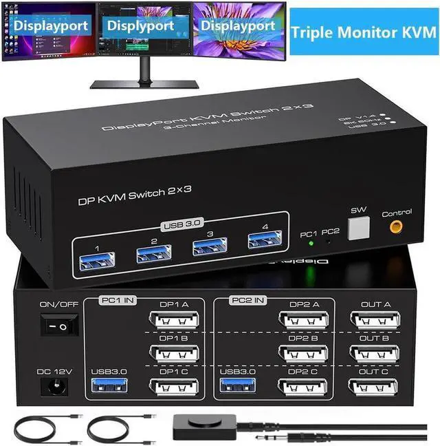 4K 120Hz Displayport KVM Switch 3 Monitors 2 Computers 8K 60Hz DP KVM Switches Triple Monitor Dual DP Port for 2 PC/Laptops Share 4 USB 3.0 Ports Support Extended & Duplicate Display Mode