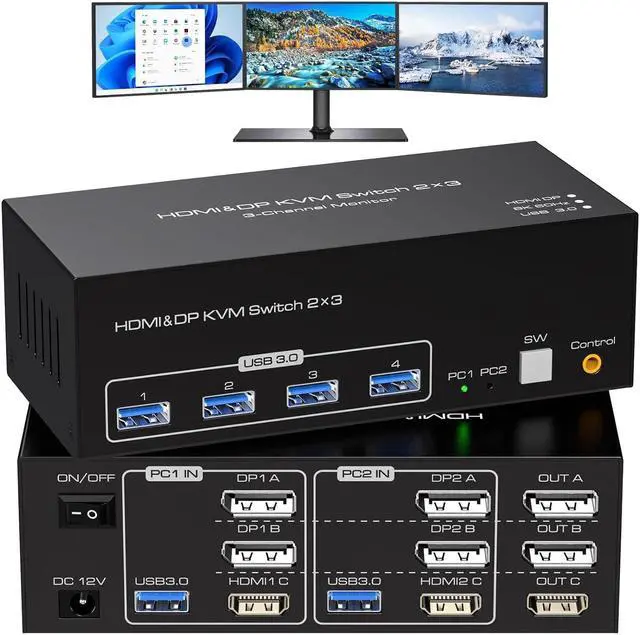 4K 120Hz HDMI and 2 Displayport KVM Switch 3 Monitors 2 Computers DP1.4 8K 60Hz Display Port for 2 PC or Laptops Share Triple Monitor and 4 USB 3.0 Peripherals Support Extended and Duplicate Mode