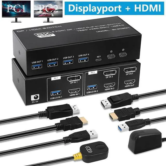 4K 120Hz HDMI + Displayport KVM Switch 2 PC 2 Monitor 8K 60Hz DP 1.4 + HDMI 2.1 Dual Monitor USB 3.0 KVM Switch Support Extended & Copy Mode with Desktop Controller and 2 HDMI+DP+USB Cables