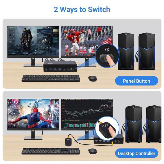 4K 120Hz HDMI + Displayport KVM Switch 2 PC 2 Monitor 8K 60Hz DP 1.4 + HDMI 2.1 Dual Monitor USB 3.0 KVM Switch Support Extended & Copy Mode With Desktop Controller And 2 HDMI+DP+USB Cables