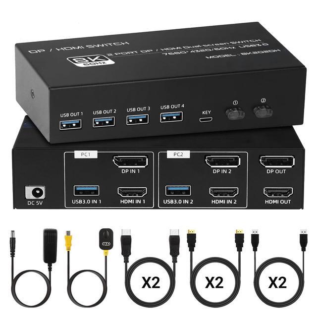 4K 120Hz HDMI + Displayport KVM Switch 2 PC 2 Monitor 8K 60Hz DP 1.4 + HDMI 2.1 Dual Monitor USB 3.0 KVM Switch Support Extended & Copy Mode With Desktop Controller And 2 HDMI+DP+USB Cables