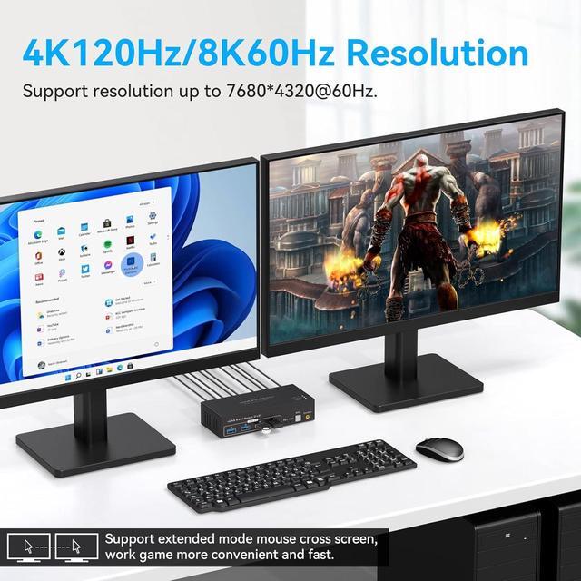 4K 120Hz HDMI Exclusive KVM Switch 2 Monitors 2 Computers With 4 USB 3.0 Hub 8K 60Hz HD 2.1 Dual Monitor KVM Switch EDID Plug And Play