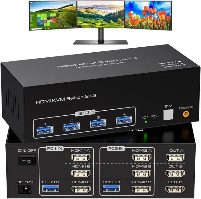 4K 120Hz HDMI Exclusive KVM Switch 3 Monitors 2 Computers with 4 USB 3.0 Hub 8K 60Hz HD 2.1 Triple Monitor KVM Switch EDID Plug and Play