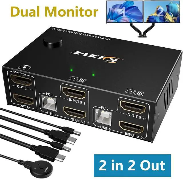 4K 30Hz Dual Monitor HDMI KVM Switch 2 in 2 Out 2 Port HDMI USB KVM Switch for 2 Computers Share 2 Monitors and 4 USB 2.0 Hub Desktop Controller and HDMI USB Cable Included