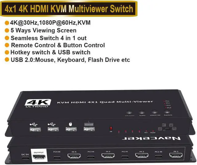 4K 4 in 1 Out HDMI KVM Multi-Viewer 4K 30Hz 2K 60Hz HDMI Screen Splitter with 5 Display Mode Seamless Switch for Engineer Exhibition Hall Video Meeting Surveillance Display Mall etc