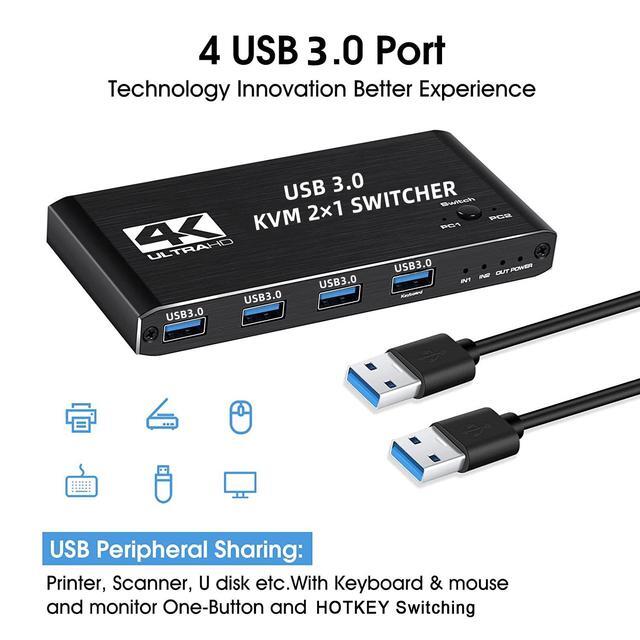 4K 60 USB KVM Switch USB 3.0 Switcher HDMI KVM Switch 2 In 1 Out For 2 PC Sharing Keyboard And Mouse EDID / HDCP Printer