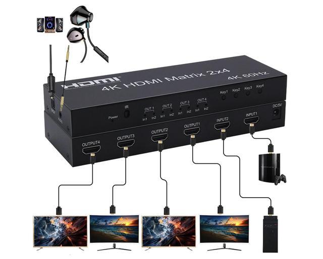 4K 60Hz 1080 2x4 Switcher Splitter HDMI-Compatible Video Adapter SPDIF 3.5mm Audio 2 In 4 Out For Mi Box XBOX One X PS4 PC To TV(With EU Plug)