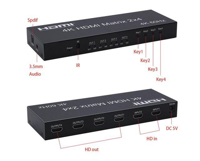 4K 60Hz 1080 2x4 Switcher Splitter HDMI-Compatible Video Adapter SPDIF 3.5mm Audio 2 In 4 Out For Mi Box XBOX One X PS4 PC To TV(With EU Plug)