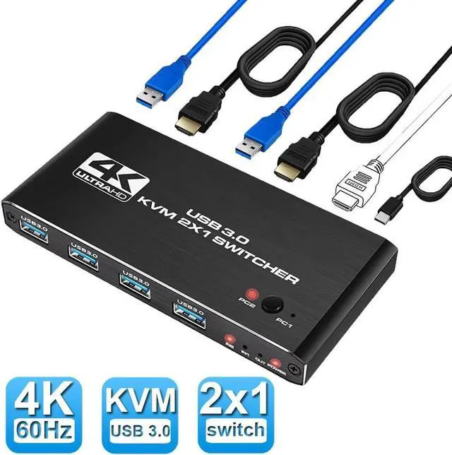 4K 60Hz 1080P 120Hz HDMI 2.0 KVM Switch with 4USB 3.0 2 in 1 Out 2 Port KVM Switch for 2 Computers 1 Monitor 2 PCs Share 4USB Devices Keyboard Mouse Printer for Mac Windows