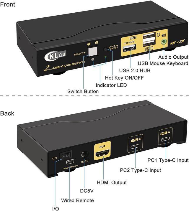 4K 60Hz 2 Port USB C KVM Switch With Audio Dual Port USB-C KVM Switcher For 2 Computers/Mac/Mobile Sharing 1 Monitor Keyboard And Mouse Support Most Operate System