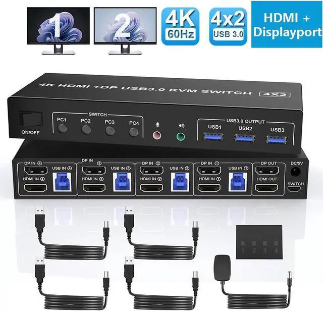 4K 60Hz Displayport + HDMI Dual Monitor KVM Switch 4PCs USB 3.0 KVM Switch 2 Monitors 4 Computers with Audio Microphone Output and 3 USB 3.0 Ports HDMI+DP Monitor Switch for 4 PCs 2 Monitors