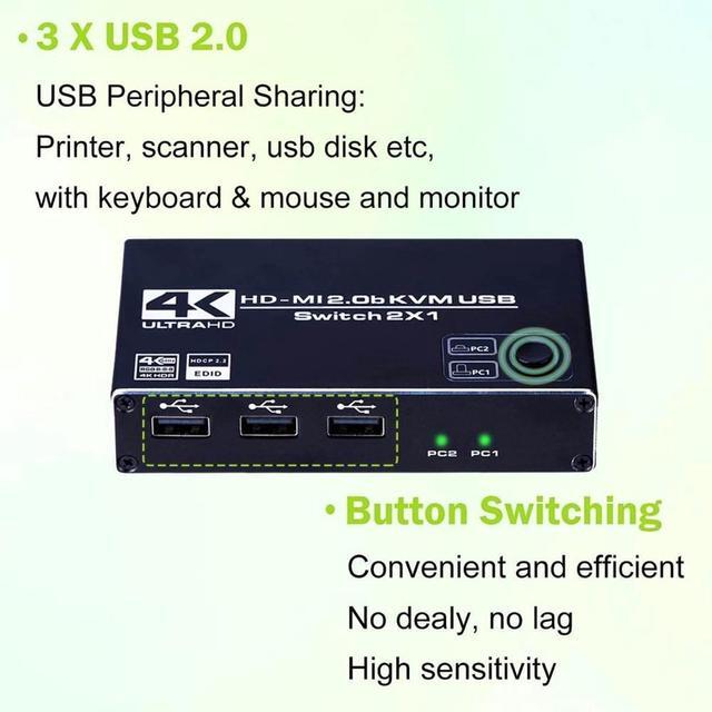 4K 60Hz HDMI 2.0 KVM Switch 2 In 1 Out HDMI Selector Box With 3x USB2.0 Ports For Two Computers Share One Set Keyboard Mouse Printer And HD Monitor 2 In 1 Out HDMI2.0b KVM Switch
