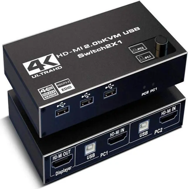 4K 60Hz HDMI 2.0 KVM Switch 2 in 1 Out HDMI Selector Box with 3x USB2.0 Ports for Two Computers Share One Set Keyboard Mouse Printer and HD Monitor 2 In 1 Out HDMI2.0b KVM Switch