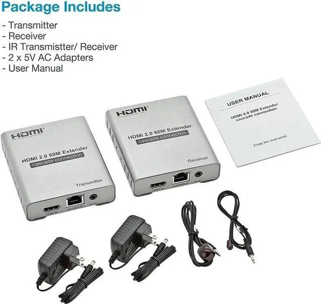 4K 60HZ HDMI Extender Over Cat6/7 RJ45 Ethernet Cable to 60M HDMI 2.0 Cascade Connection Extender Support HDR YUV 4:4:4 HDCP2.2