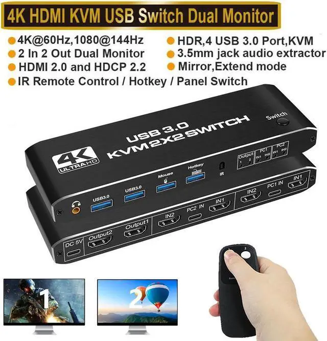 4K 60Hz HDMI KVM Switch 2 in 2 Out 2 Port Dual Monitor HDMI KVM Switch for 2 Computers 2 Monitors USB 3.0 PC Computer KVM Switch Keyboard Mouse Switcher Box for Laptop PS4 Xbox (with Audio)