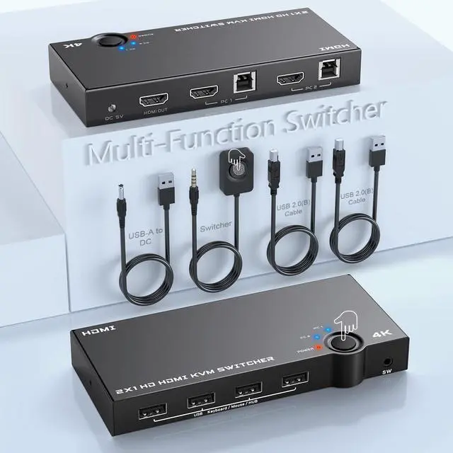 4K 60Hz HDMI KVM Switch 2 Port Box USB and HDMI Switches Share 2 Computers with one Keyboard Mouse and one HD Monitor HDMI KVM Switch Support Hotkey Switch and One Button Swapping