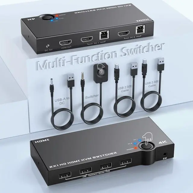 4K 60Hz HDMI KVM Switch 2 Port Box USB and HDMI Switches Share 2 Computers with one Keyboard Mouse and one HD Monitor HDMI KVM Switch Support Hotkey Switch and One Button Swapping