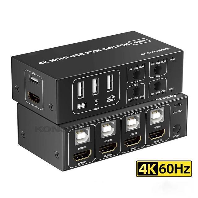 4K 60Hz HDMI KVM Switch 4x1 HDMI USB KVM Switcher 4 In 1 Out With Desktop Controller Support 4 Monitor Mouse Keyboard PC Laptop
