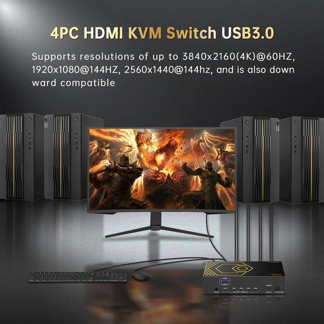 4K 60Hz HDMI KVM Switch USB3.0 4 Computers 1 Monitors HDMI 4 Port KVM Switches For 4 PC Share 1 Monitor And 4 USB 3.0 Devices SPDIF L/R Mic Audio With IR Remote Control And 4xUSB 3.0 Cables