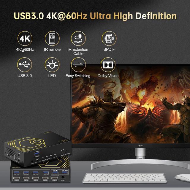 4K 60Hz HDMI KVM Switch USB3.0 4 Computers 1 Monitors HDMI 4 Port KVM Switches For 4 PC Share 1 Monitor And 4 USB 3.0 Devices SPDIF L/R Mic Audio With IR Remote Control And 4xUSB 3.0 Cables