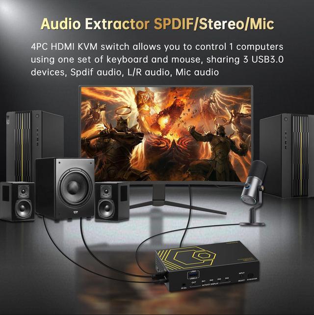 4K 60Hz HDMI KVM Switch USB3.0 4 Computers 1 Monitors HDMI 4 Port KVM Switches For 4 PC Share 1 Monitor And 4 USB 3.0 Devices SPDIF L/R Mic Audio With IR Remote Control And 4xUSB 3.0 Cables