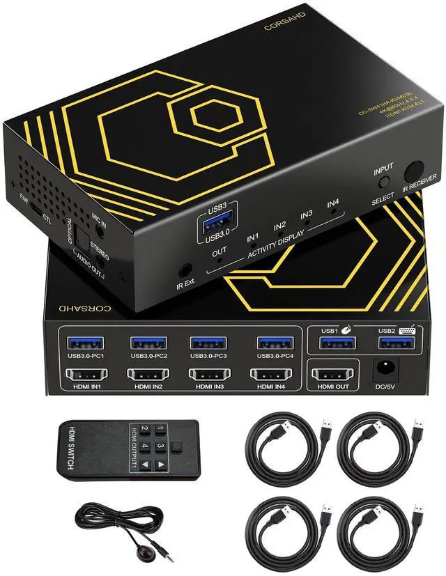 4K 60Hz HDMI KVM Switch USB3.0 4 Computers 1 Monitors HDMI 4 Port KVM Switches for 4 PC Share 1 Monitor and 4 USB 3.0 Devices SPDIF L/R Mic Audio with IR Remote Control and 4xUSB 3.0 Cables