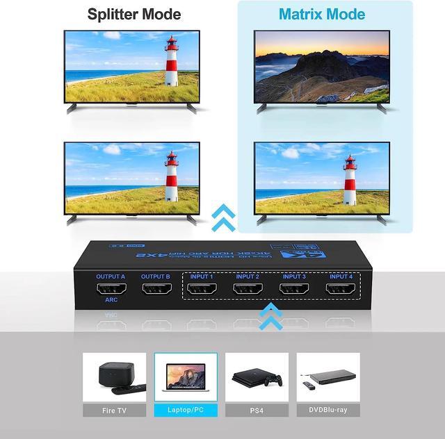 4K 60Hz HDMI Matrix 4x2 With Optical & 3.5mm Stereo Audio Out HDMI Matrix Switcher Splitter 4 In 2 Out Support ARC HDCP 2.2 EDID(with AU Plug)