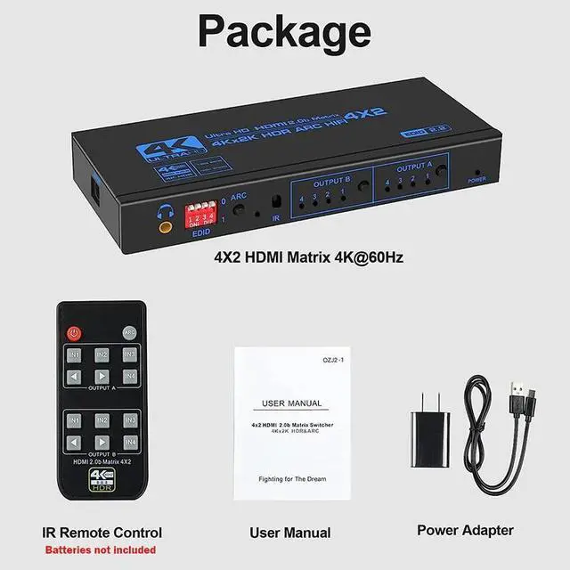 4K 60Hz HDMI Matrix 4x2 with Optical & 3.5mm Stereo Audio Out HDMI Matrix Switcher Splitter 4 In 2 Out Support ARC HDCP 2.2 EDID(with AU Plug)