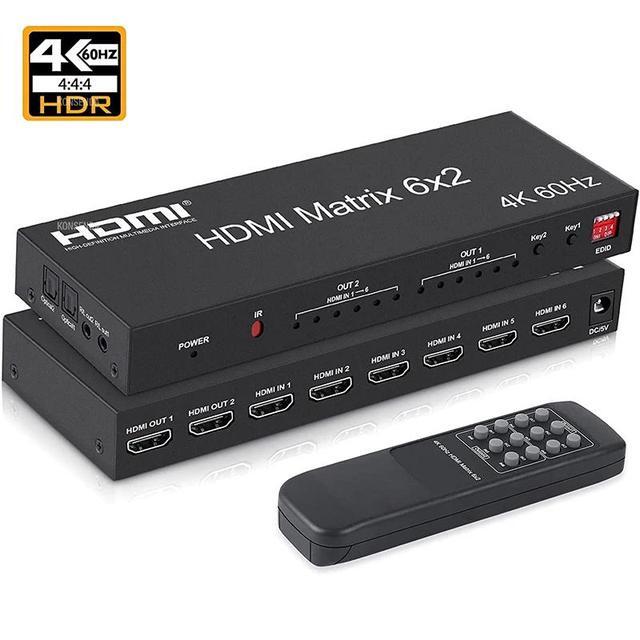 4K 60Hz HDMI Matrix 6x2 Matrix HDMI 2.0 Video Switcher Splitter 6 In 2oOut With Optical 3.5mm Audio Out For Laptop PC TV Monitor(UK Plug)