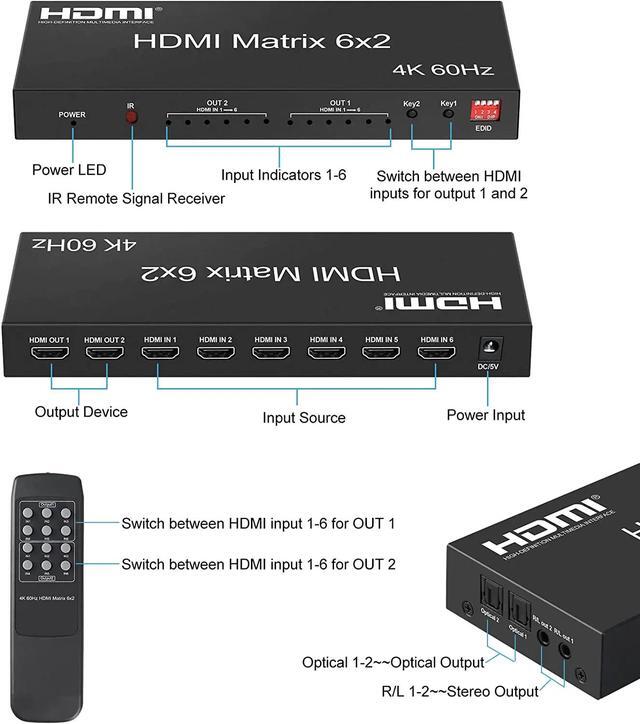 4K 60Hz HDMI Matrix 6x2 Matrix HDMI 2.0 Video Switcher Splitter 6 In 2oOut With Optical 3.5mm Audio Out For Laptop PC TV Monitor(UK Plug)