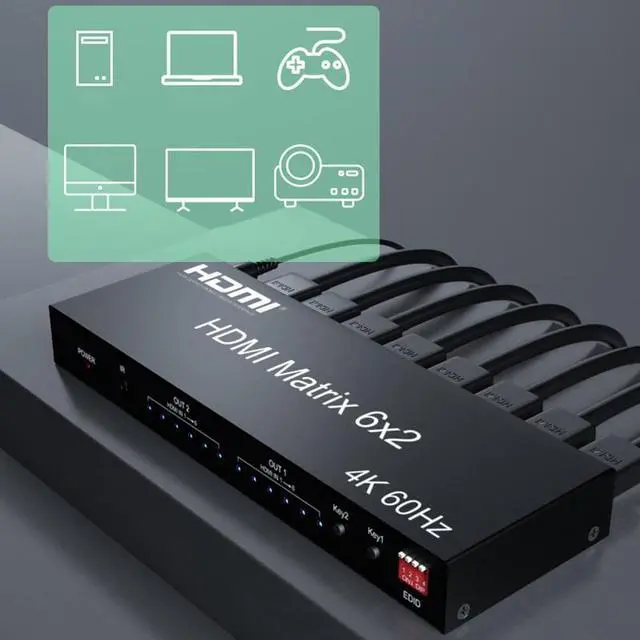 4K 60Hz HDMI Matrix 6x2 Matrix HDMI 2.0 Video Switcher Splitter 6 in 2oOut with Optical 3.5mm Audio out for Laptop PC TV Monitor(UK Plug)