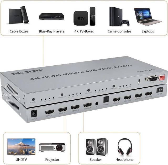 4K 60Hz HDMI Matrix Switch 4x4 With Audio Extractor 4 In 4 Out HDMI 2.0 Matrix Switcher Splitter Selector Box HDR HDCP2.2 18Gbps(With EU Plug) (4K 60Hz Matrix 4x4)