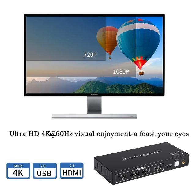 4K 60Hz HDMI USB Switch KVM Switcher Fo 2 PCs 1 Monitor 2 In 1 Out HDMI KVM Switcher Keyboard Mouse Printer Selector Switching For Desktop Computer Shared USB B 2 In 4 Out USB HUB Manual Switching