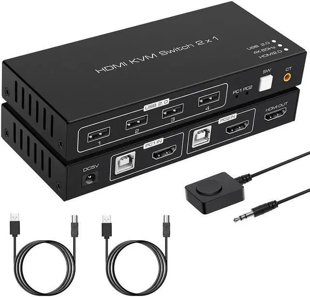 4K 60Hz HDMI USB Switch KVM Switcher fo 2 PCs 1 Monitor 2 in 1 Out HDMI KVM Switcher Keyboard Mouse Printer Selector Switching for Desktop Computer Shared USB B 2 in 4 Out USB HUB Manual Switching