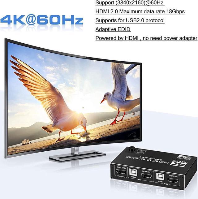 4K 60Hz HDMI2.0 USB KVM Switch For 2 Computers 1 Monitor Share 3USB2.0 Port Keyboard Mouse Printer Support Wire-Desktop Controller