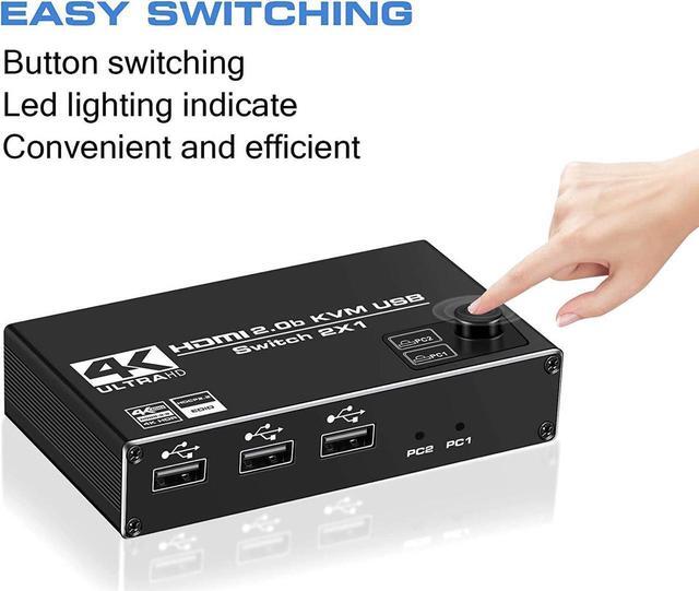 4K 60Hz HDMI2.0 USB KVM Switch For 2 Computers 1 Monitor Share 3USB2.0 Port Keyboard Mouse Printer Support Wire-Desktop Controller