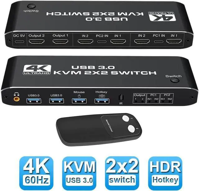 4K 60Hz HDMI2.0b KVM Switch 2 Computers Dual Monitor 2 in 2 Out 2 Port Type-C HDMI KVM Switch with 4K HDMI 2xUSB 3.0 Keyboard Mouse for MacBook USB-C HDMI PC