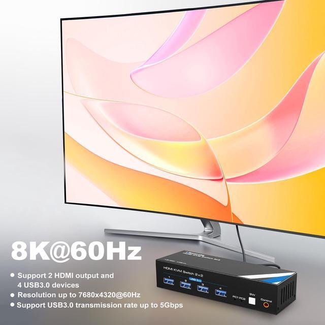 4K 60Hz KVM Switch HDMI NEWCARE Kvm Switch 1 Monitors 2 Computers USB KVM Switch With USB Cable (8K 60Hz HDMI 2 PC 2 Monitor)