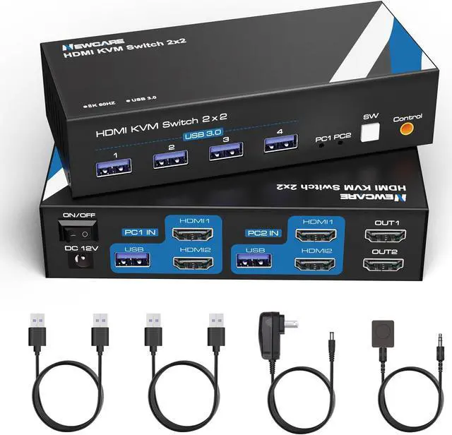 4K 60Hz KVM Switch HDMI NEWCARE kvm Switch 1 Monitors 2 Computers USB KVM Switch with USB Cable (8K 60Hz HDMI 2 PC 2 Monitor)