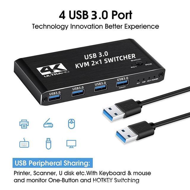 4K 60Hz USB 3.0 KVM 2x1 Switch HDMI 2 In 1 Out HDMI2.0 KVM Switch For For 2 PC Sharing Keyboard And Mouse EDID / HDCP Printer Support 4K 60Hz HDCP2.3 Hotkey USB 3.0 Port HDMI2.0 In/Out Port