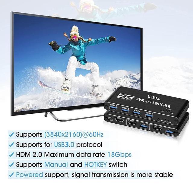 4K 60Hz USB 3.0 KVM 2x1 Switch HDMI 2 In 1 Out HDMI2.0 KVM Switch For For 2 PC Sharing Keyboard And Mouse EDID / HDCP Printer Support 4K 60Hz HDCP2.3 Hotkey USB 3.0 Port HDMI2.0 In/Out Port