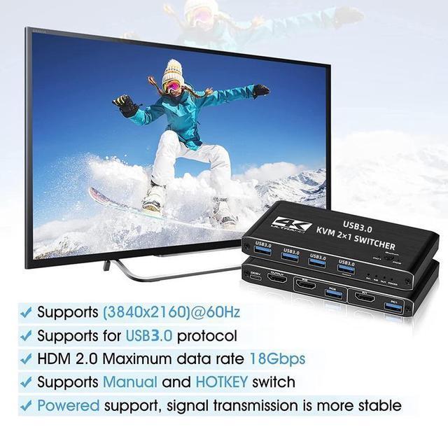 4K 60Hz USB 3.0 KVM 2x1 Switch HDMI 2 In 1 Out HDMI2.0 KVM Switch For For 2 PC Sharing Keyboard And Mouse EDID / HDCP Printer Support 4K 60Hz HDCP2.3 Hotkey USB 3.0 Port HDMI2.0 In/Out Port