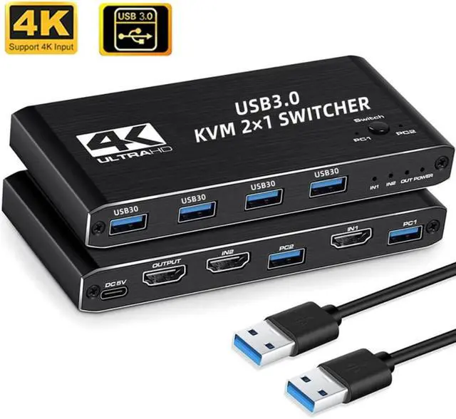 4K 60Hz USB 3.0 KVM 2x1 Switch HDMI 2 in 1 Out HDMI2.0 KVM Switch for for 2 PC Sharing Keyboard and Mouse EDID / HDCP Printer Support 4K 60Hz HDCP2.3 Hotkey USB 3.0 Port HDMI2.0 in/Out Port