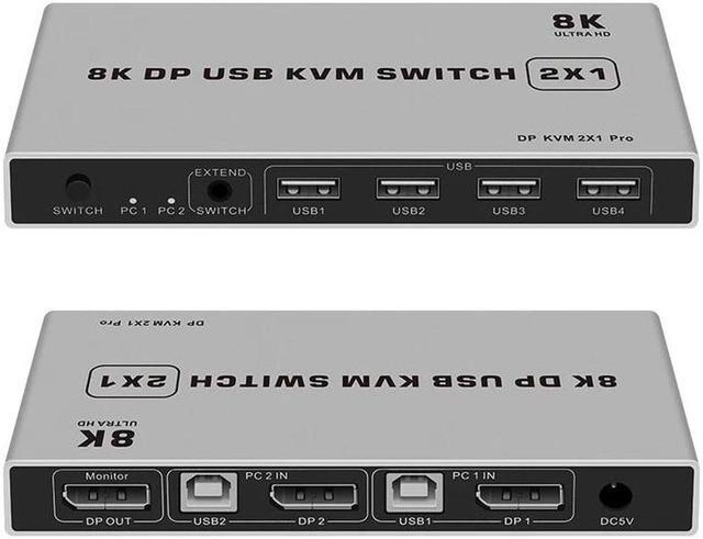 4K Dual-port DP USB KVM 2x1 Displayport KVM Switch 2 In 1 Out 4K 60Hz 2-Port DP 1.4 USB KVM Switch Support Mouse Keyboad Printer(USB Power Cable) (4K)