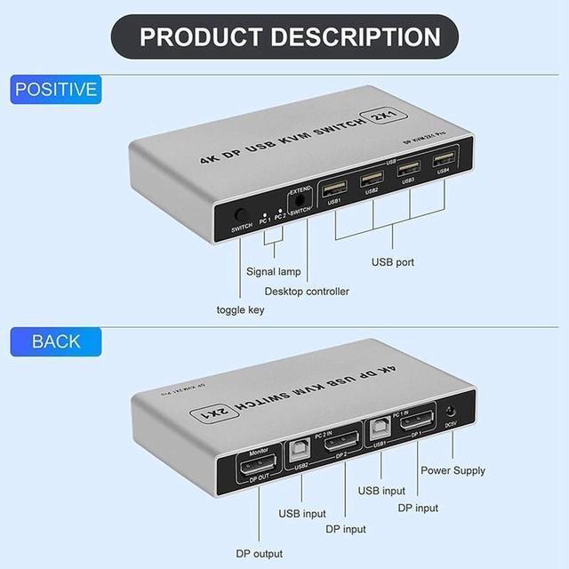 4K Dual-port DP USB KVM 2x1 Displayport KVM Switch 2 In 1 Out 4K 60Hz 2-Port DP 1.4 USB KVM Switch Support Mouse Keyboad Printer(USB Power Cable) (4K)