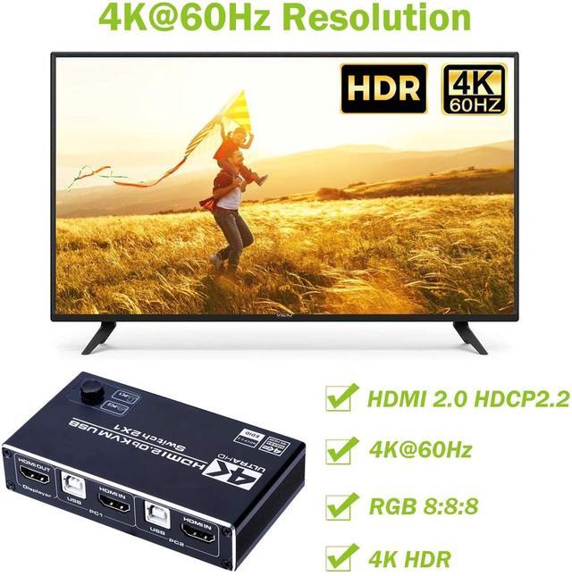 4K HDMI 2.0b KVM USB Switch 2 Port 2 Computers Share One Monitor 2x1 3 USB 2.0 Hub Ultra HD 4K 60Hz HDCP 2.2 Support Wireless Keyboard And Mouse