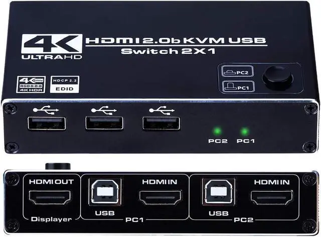 4K HDMI 2.0b KVM USB Switch 2 Port 2 Computers Share One Monitor 2x1 3 USB 2.0 Hub Ultra HD 4K 60Hz HDCP 2.2 Support Wireless Keyboard and Mouse